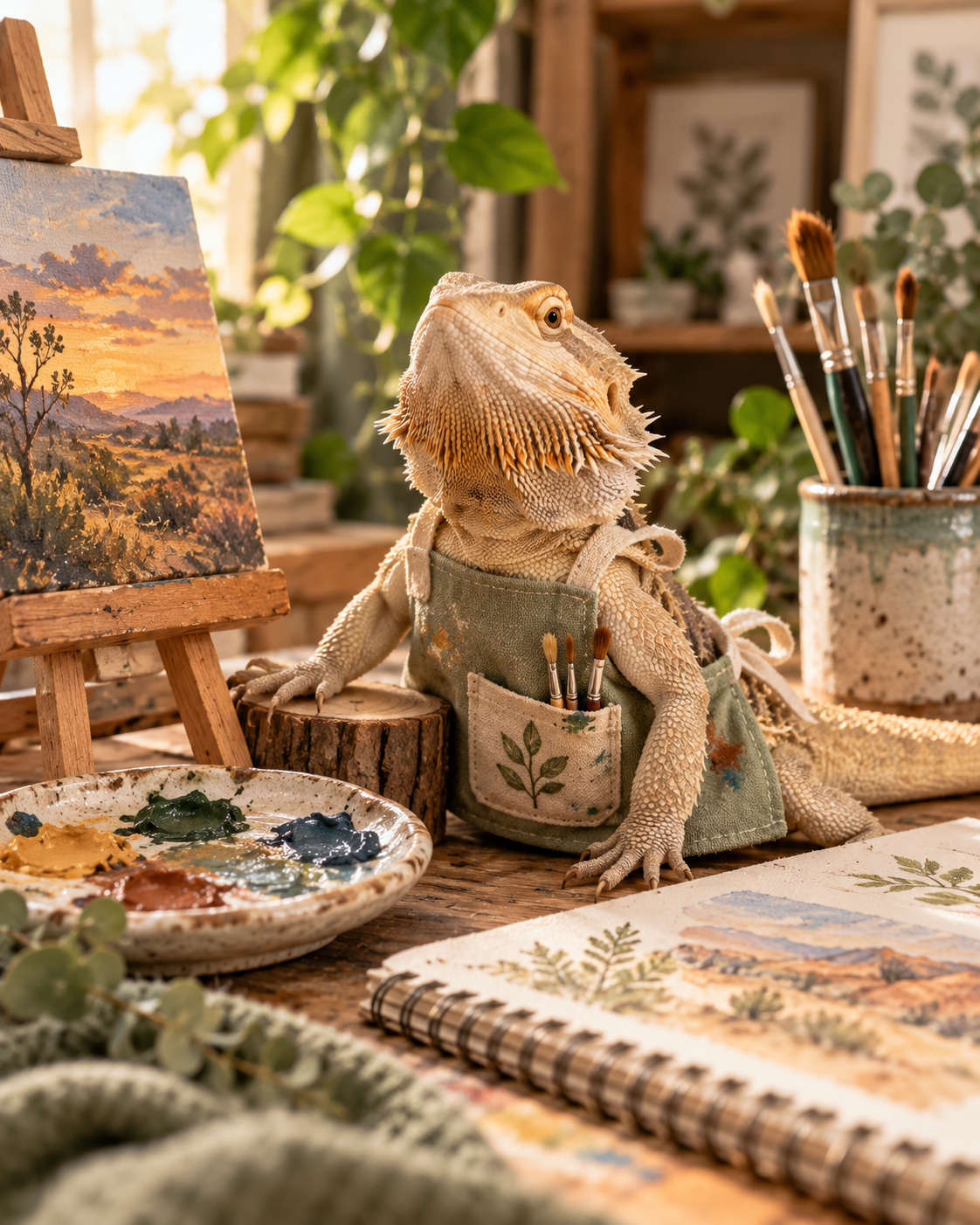 Wallie, my bearded dragon, keeping an eye on the art-making
